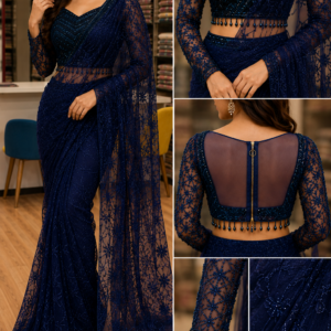 Midnight Navy Blue Ready-to-Wear Net Saree with Heavy Sequin & Bead Embroidered Blouse