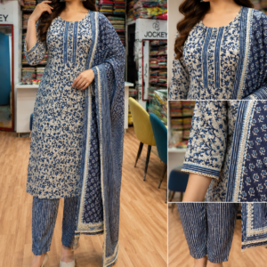 Indigo Blue Cotton Floral Jaal Print Kurta Set with Striped Trousers & Dupatta