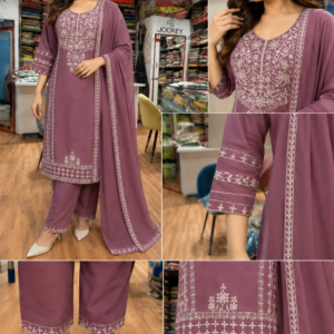 Mauve Purple Rayon Embroidered Kurta Set with Trousers & Chiffon Dupatta