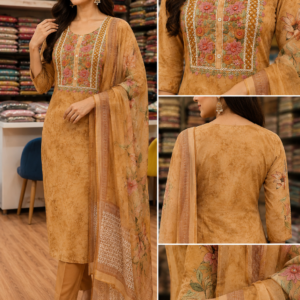 Mustard Ochre Printed Kurta Set with Floral Thread Embroidery & Coordinating Dupatta