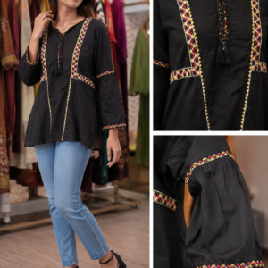 Jet Black Short Cotton Kurti with Boho Geometric Embroidery & Bell Sleeves